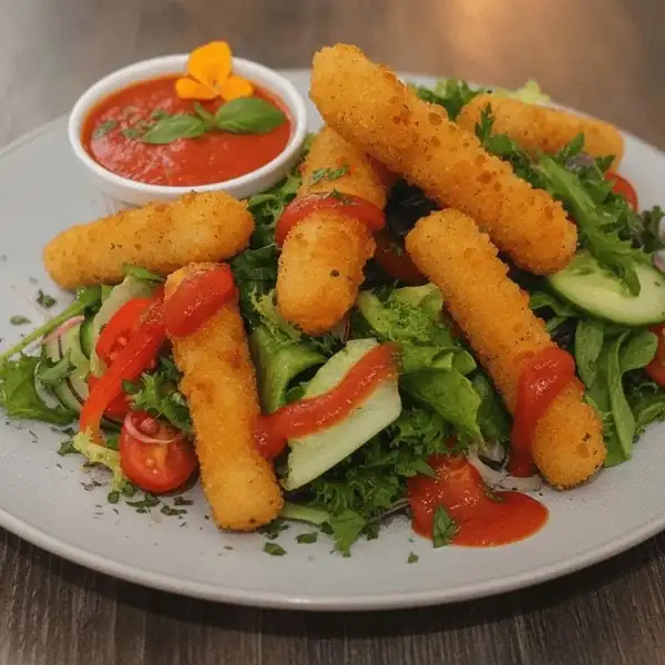 Paluszki mozzarelli na sałatach z dipem